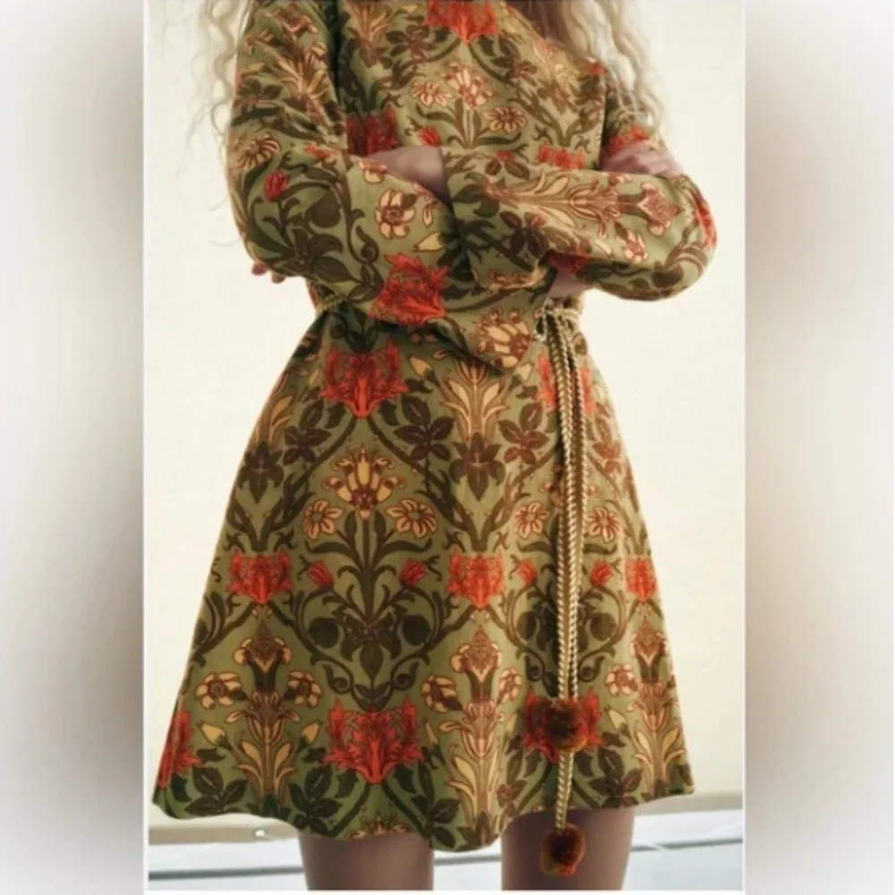 Zara Printed Floral Dress with Belt Linen Blend Size S New W/O Tags - Picture 3 of 7